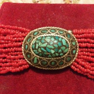 Turtle Shell Turqouise Mosaic Silver Bead Bracelet